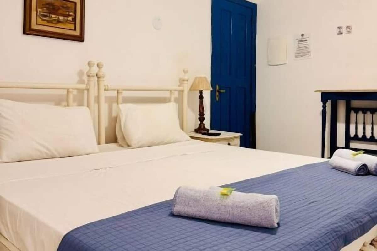 A bedroom with a bed, a ceiling fan, a blue door, a framed picture on the wall, and a nightstand with a lamp.