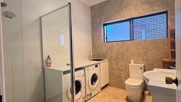 Hair dryer, towels, soap, toilet paper