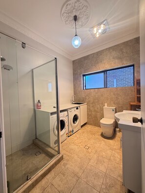 Hair dryer, towels, soap, toilet paper