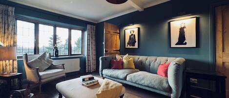 Smart TV, fireplace, books