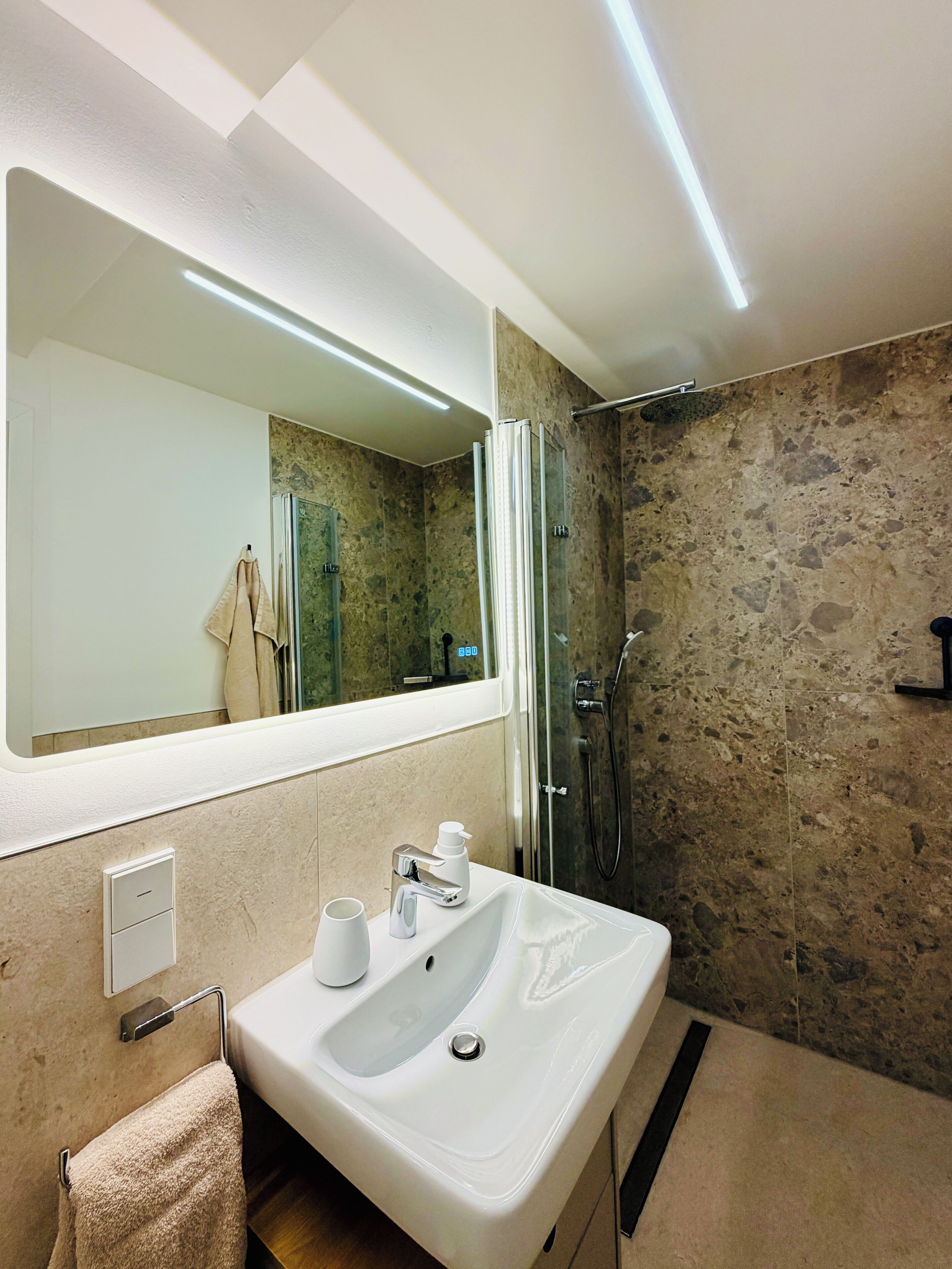 Hair dryer, towels, soap, toilet paper