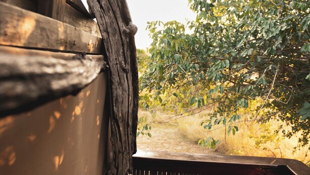A wooden deck with a built-in shower, surrounded by trees. - Mozhi Bushcamp  (Kafue National Park)