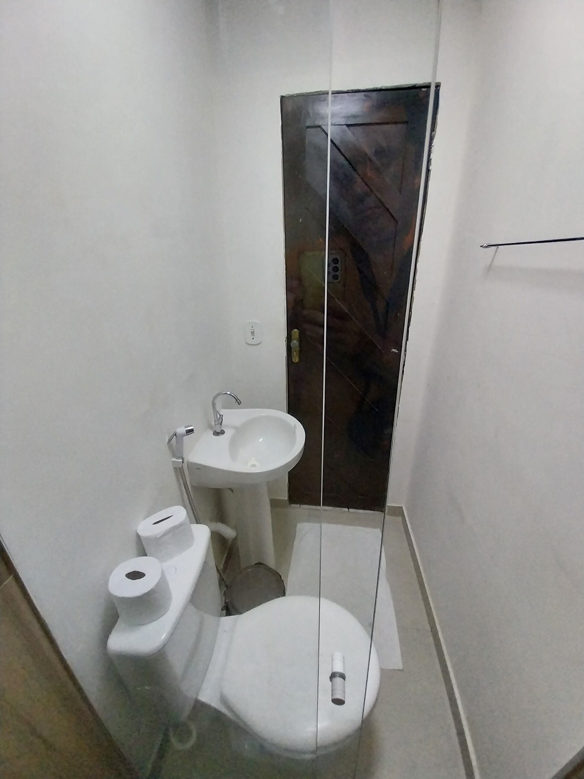 Un baño pequeño y estrecho con inodoro, lavabo y espejo.