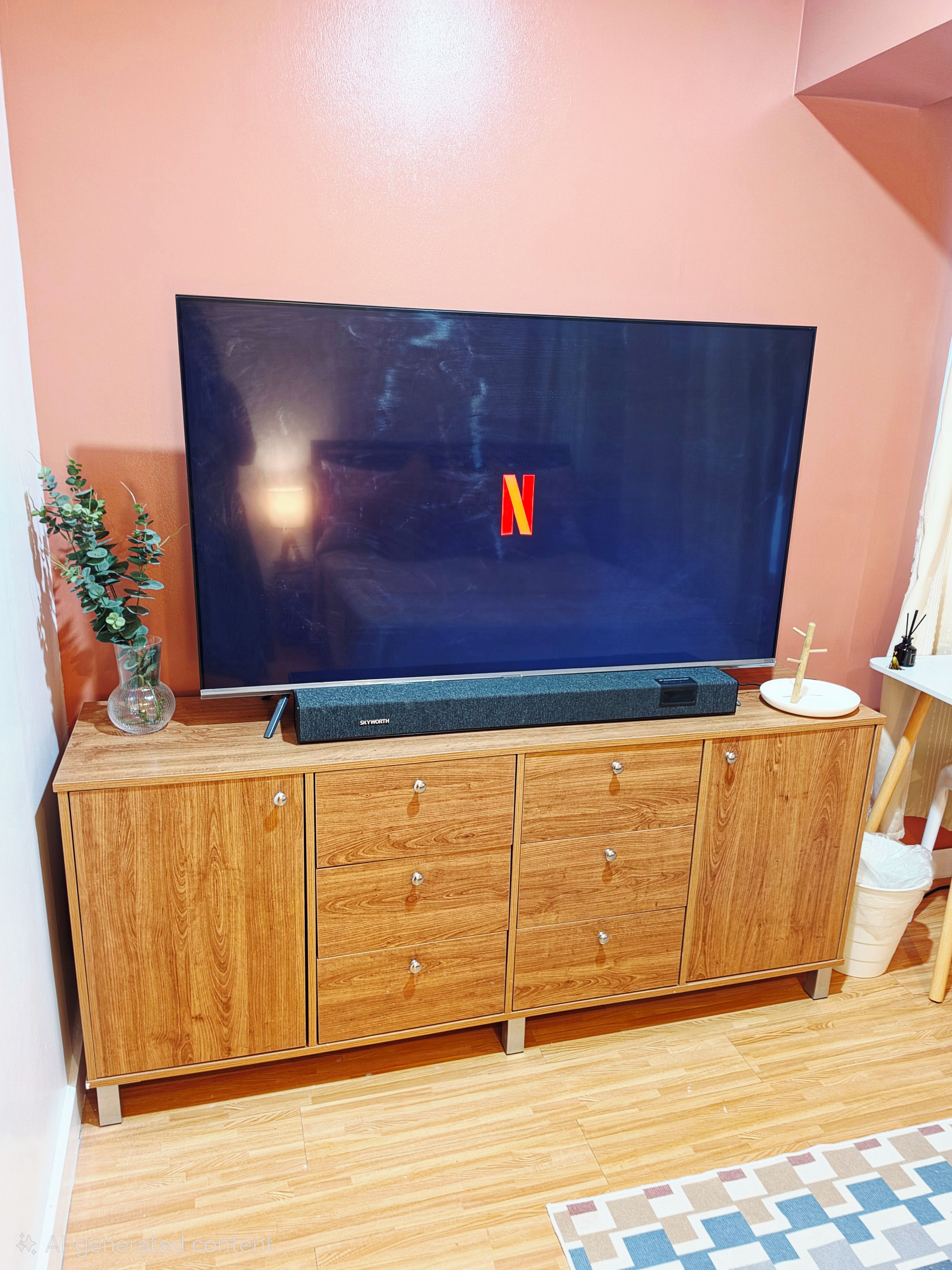 A television on a wooden cabinet with a Netflix logo on the screen.