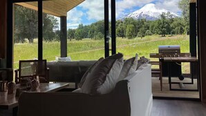 A room with a large window overlooking a snowy mountain, a wooden ceiling, and a grill outside.