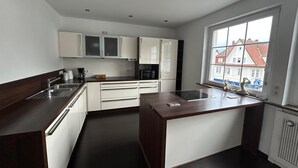 Private kitchen - Exclusive loft with fireplace & sun terrace near the trade fair directly at the train station & parking lot (Bad Salzuflen)