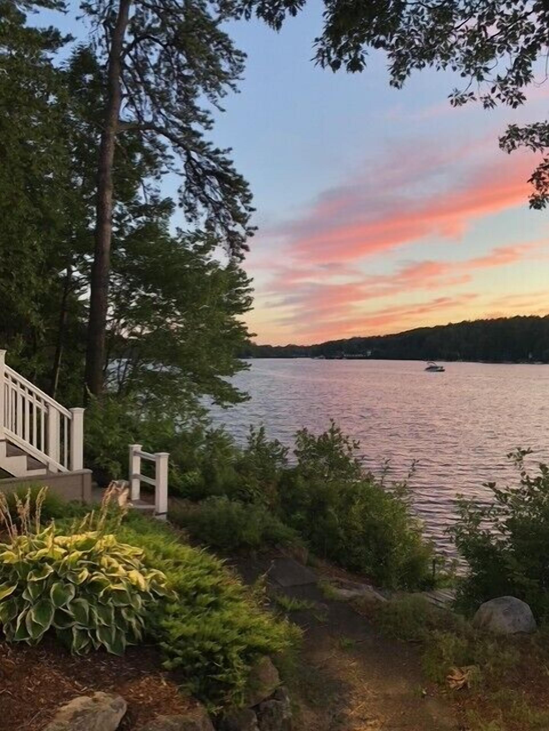 A lakeside view with a wooden staircase leading down to the water, surrounded by dense trees and shrubs.
