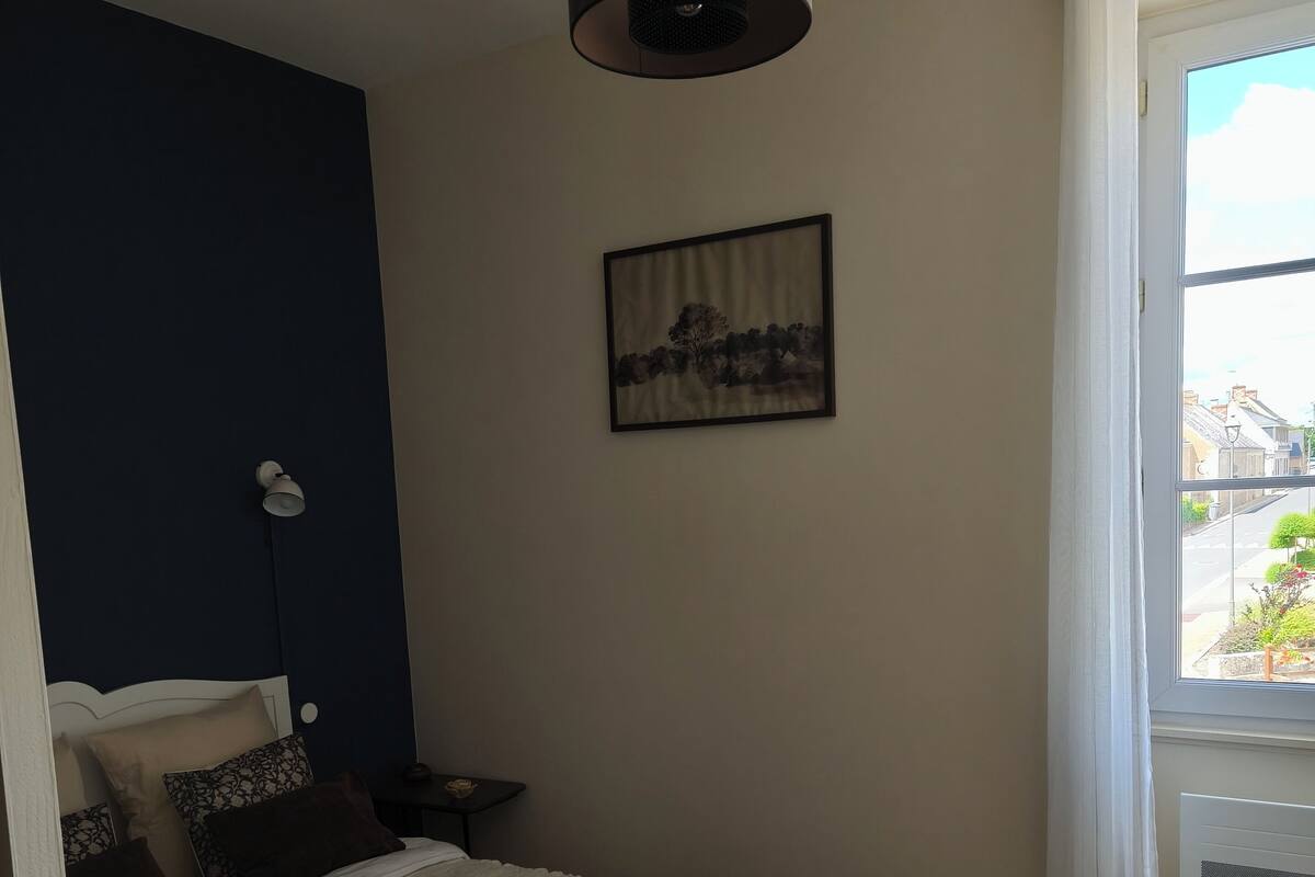 Une chambre à coucher avec un lit, un luminaire suspendu, un tableau encadré et une fenêtre avec des rideaux.