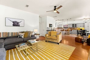 Smart TV, fireplace, video games, foosball
