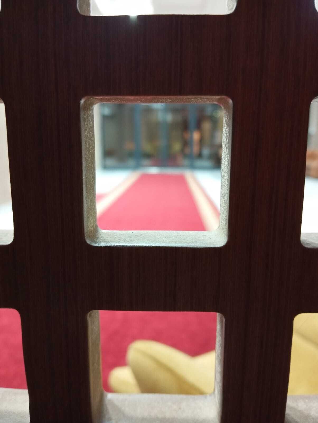 A view through a window with a red carpet, a glass door, and a wooden frame.
