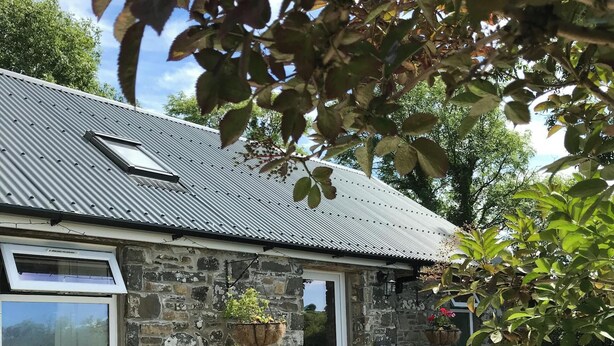 Een stenen huis met een metalen dak, een houten deur en een kleine tuin met bloempotten en bloemen.