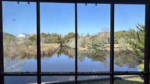 Blick durch ein Fenster, der ein Haus, ein Teich und umliegende Vegetation klar widerzuspiegeln scheint.