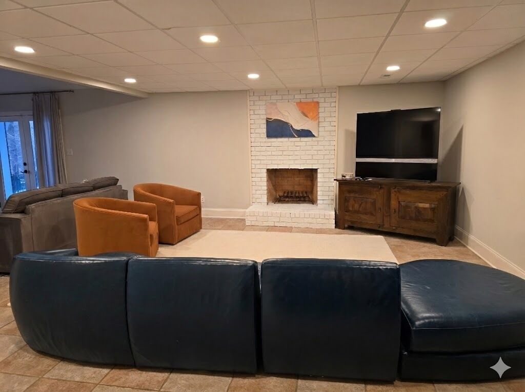 A modern living room with a fireplace, leather sofas, and a flat-screen TV.