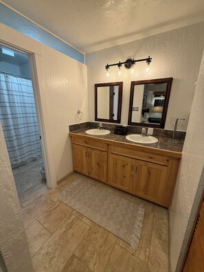 Hair dryer, towels, soap, toilet paper
