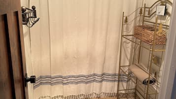 Hair dryer, towels, soap, toilet paper