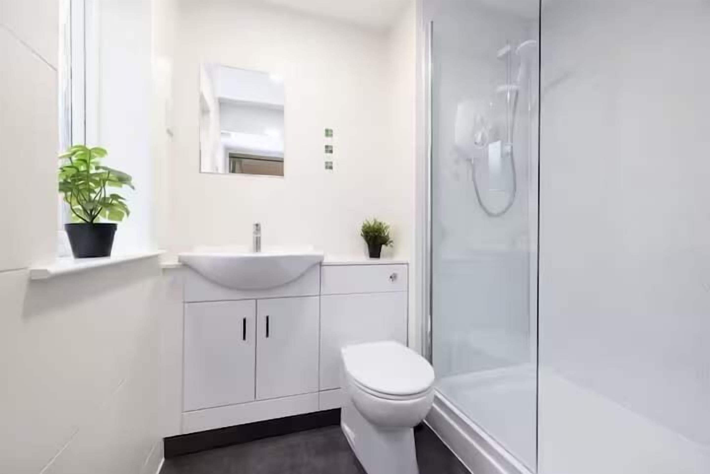 Dusche, Haartrockner, Handtücher, Shampoo