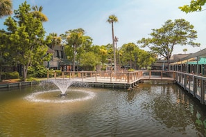 Un espace extérieur paisible, agrémenté d’une fontaine, d’une terrasse en bois et d’une végétation luxuriante.