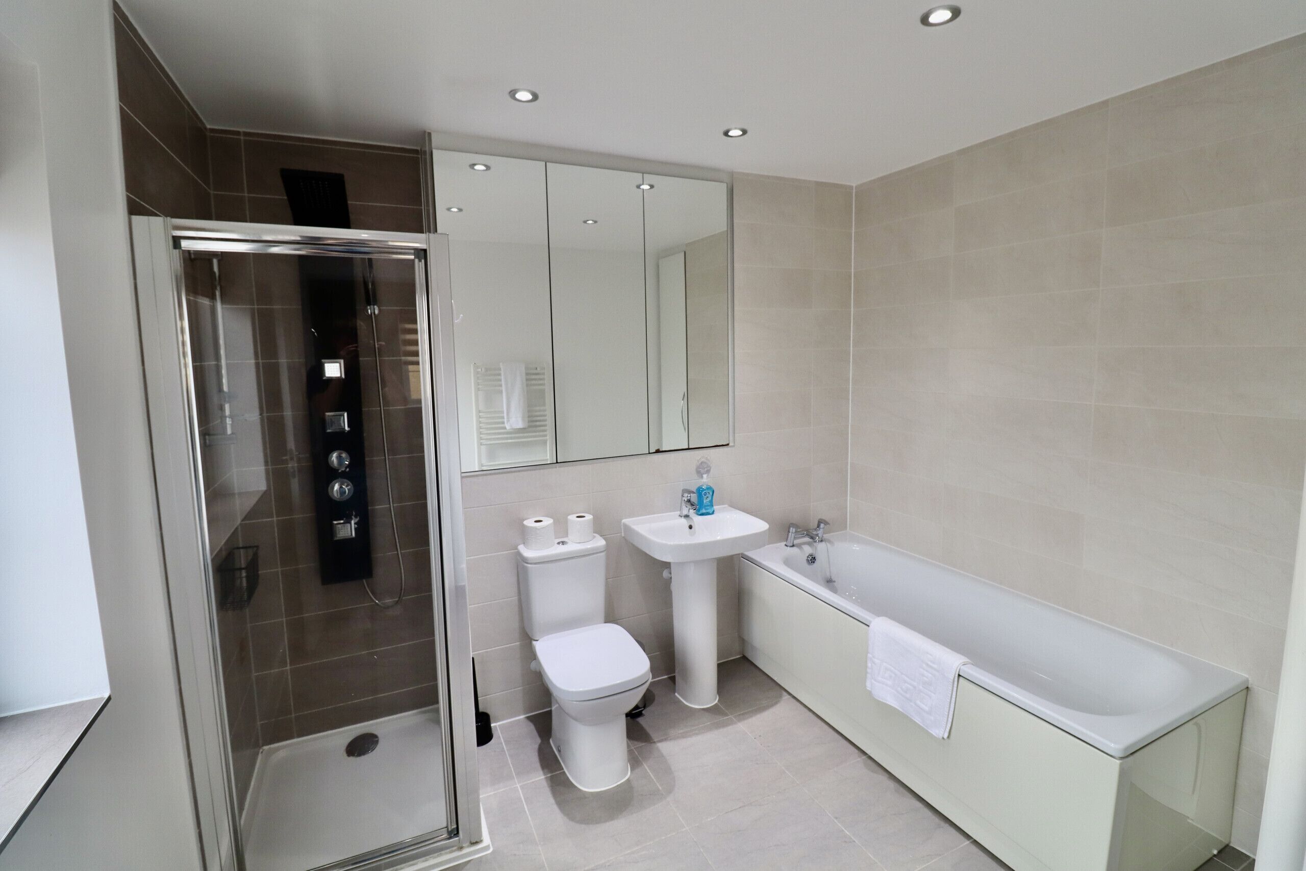 Shower, hair dryer, towels