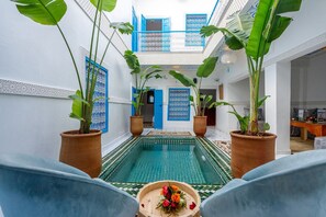 Un área de piscina con piso de baldosas, plantas en macetas y una puerta azul al fondo.
