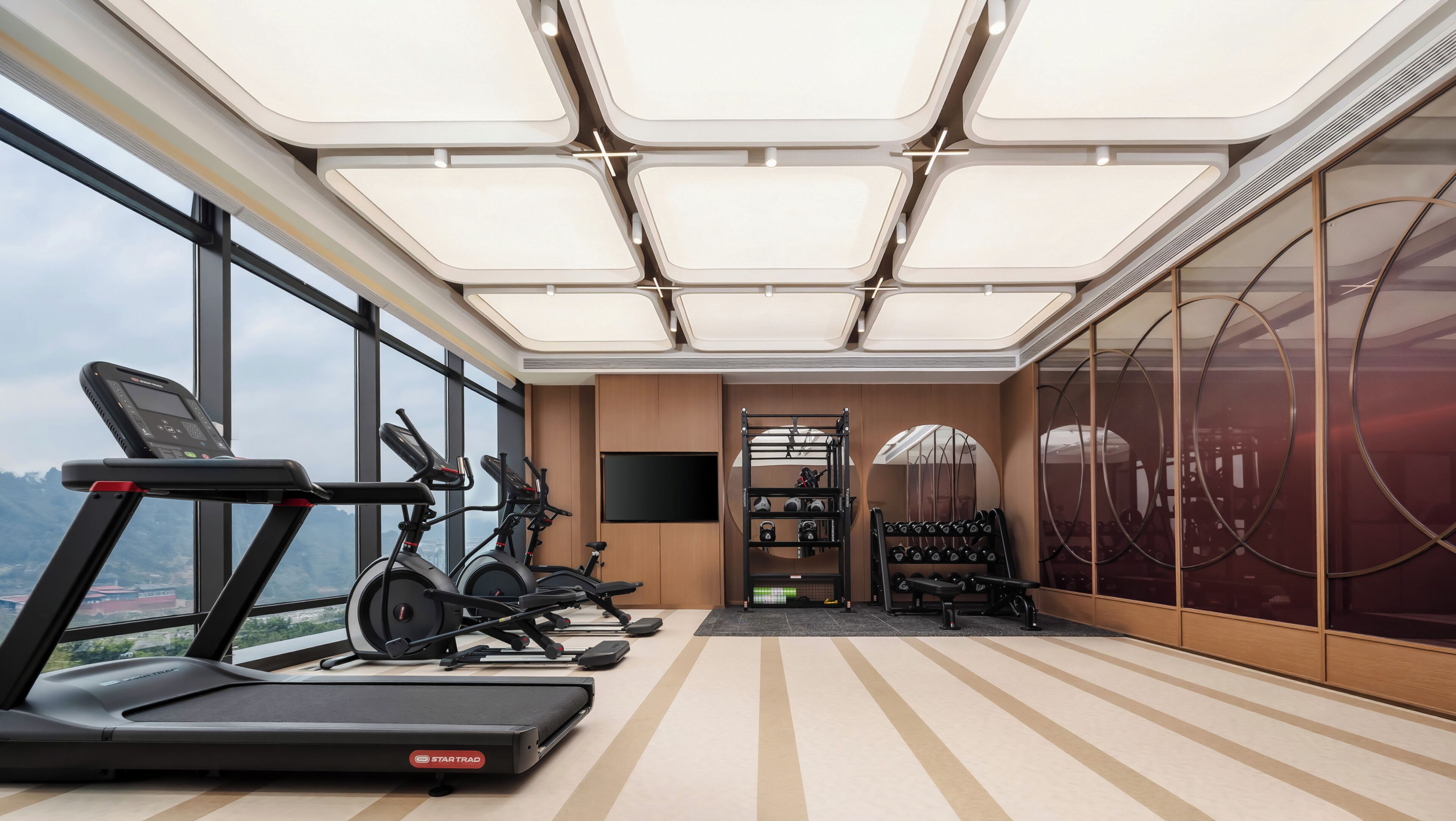 A gym with exercise equipment, a TV, and a view of the city.