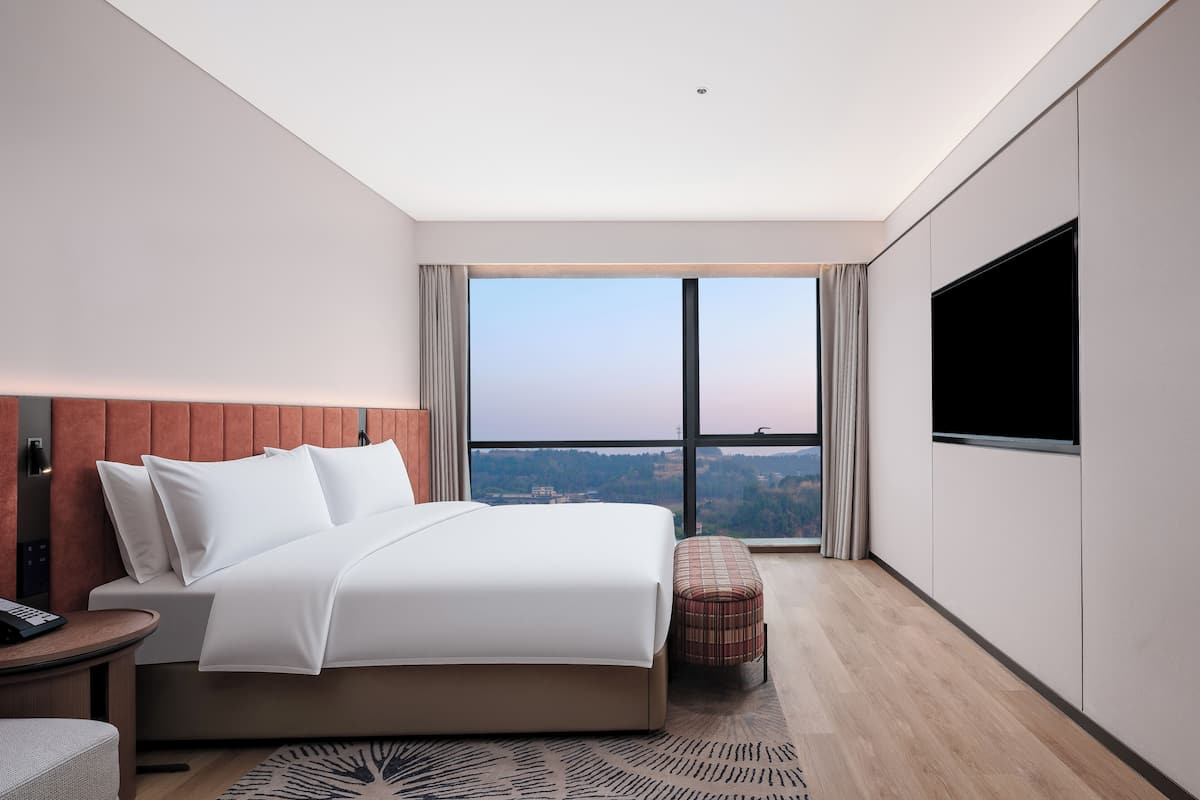 A modern hotel room with a large bed, a flat-screen TV, a view of the city, and a large window.