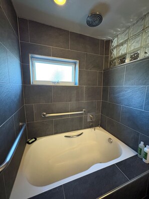 Hair dryer, towels, soap, toilet paper