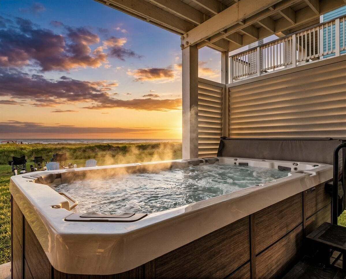 Relax in the private swim spa beneath the covered patio while enjoying sunset colors, ocean views, and a peaceful beachfront atmosphere.