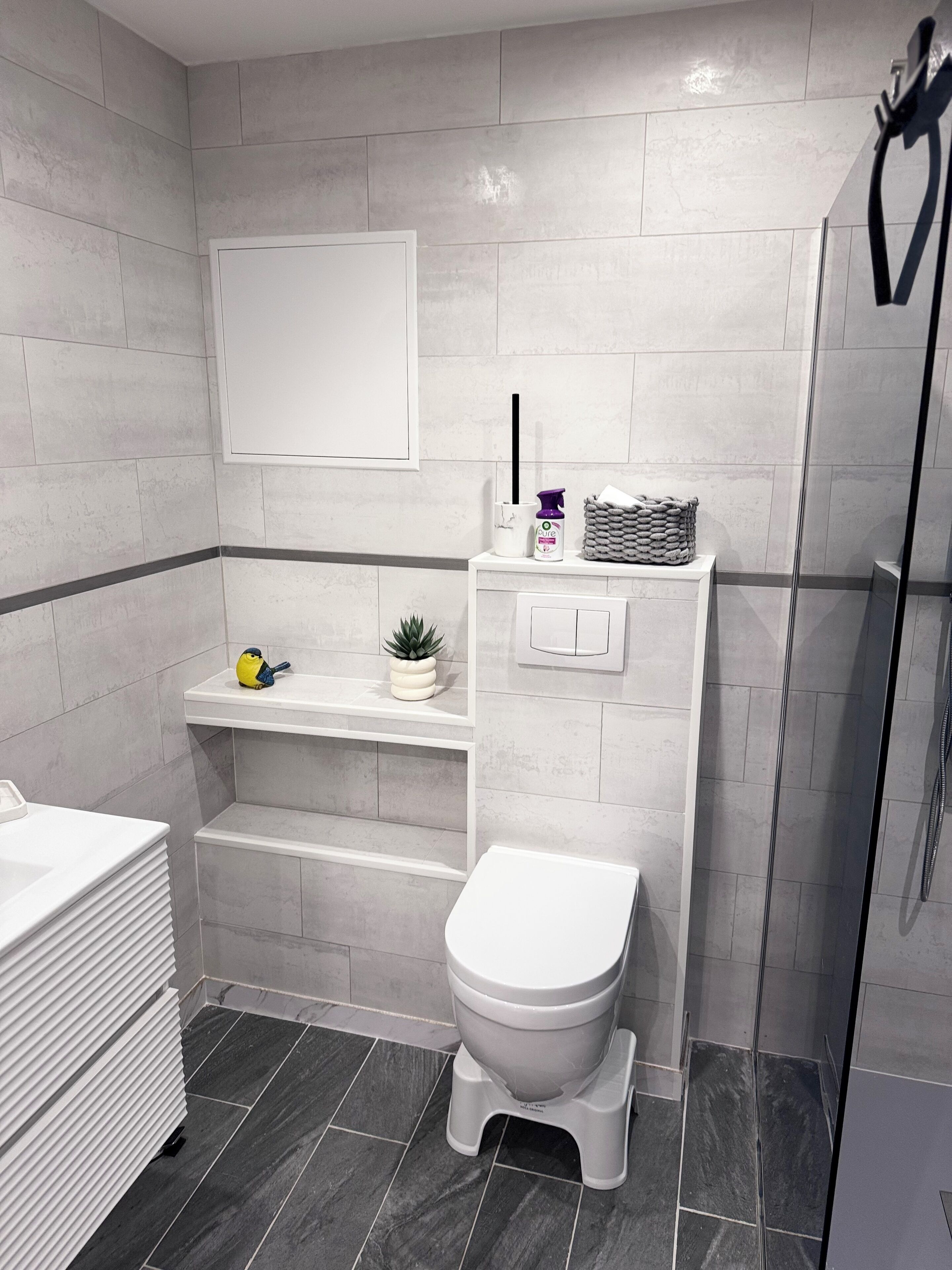 Hair dryer, towels, soap, toilet paper