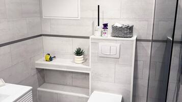 Hair dryer, towels, soap, toilet paper