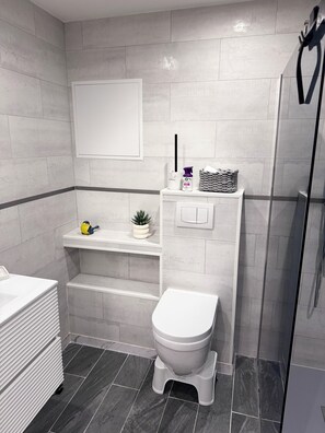 Secador de pelo, toallas, jabón, papel higiénico