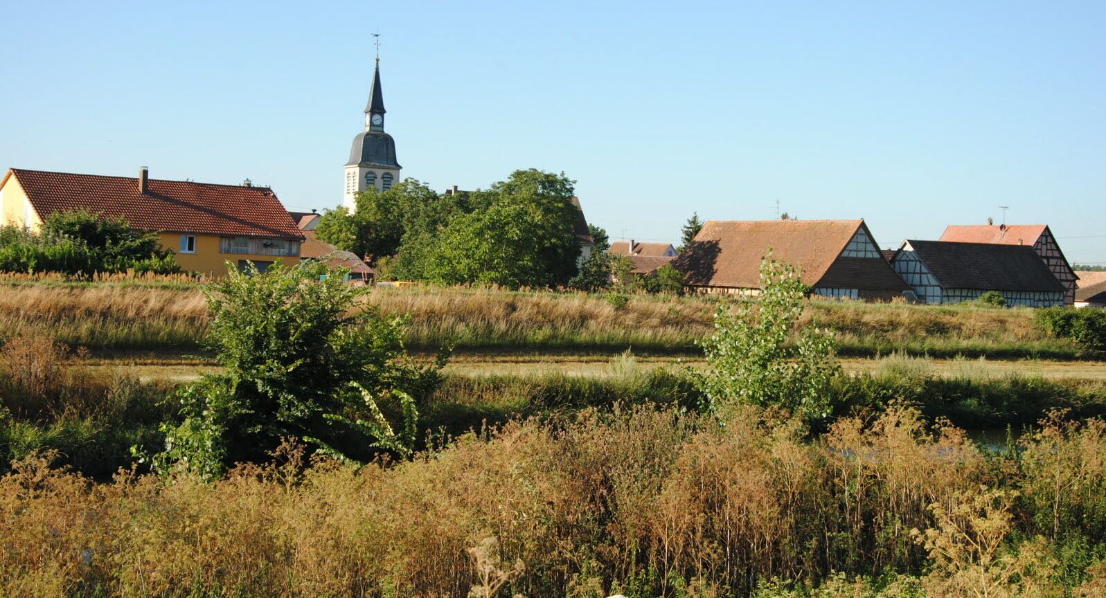A rural landscape with a church, houses, and a field.
