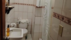 Een kleine badkamer met een wastafel, toilet en douche.