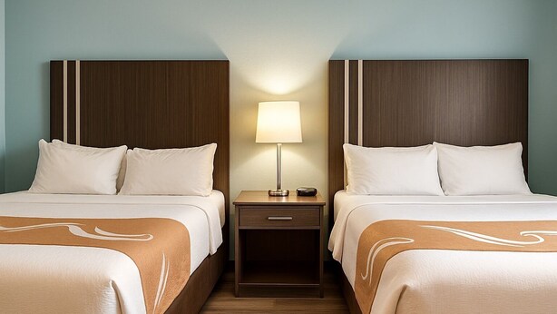 A hotel room with two beds, a nightstand with a lamp, and a wooden floor. - Two Queen Beds (Non Smoking) (Point Edward)