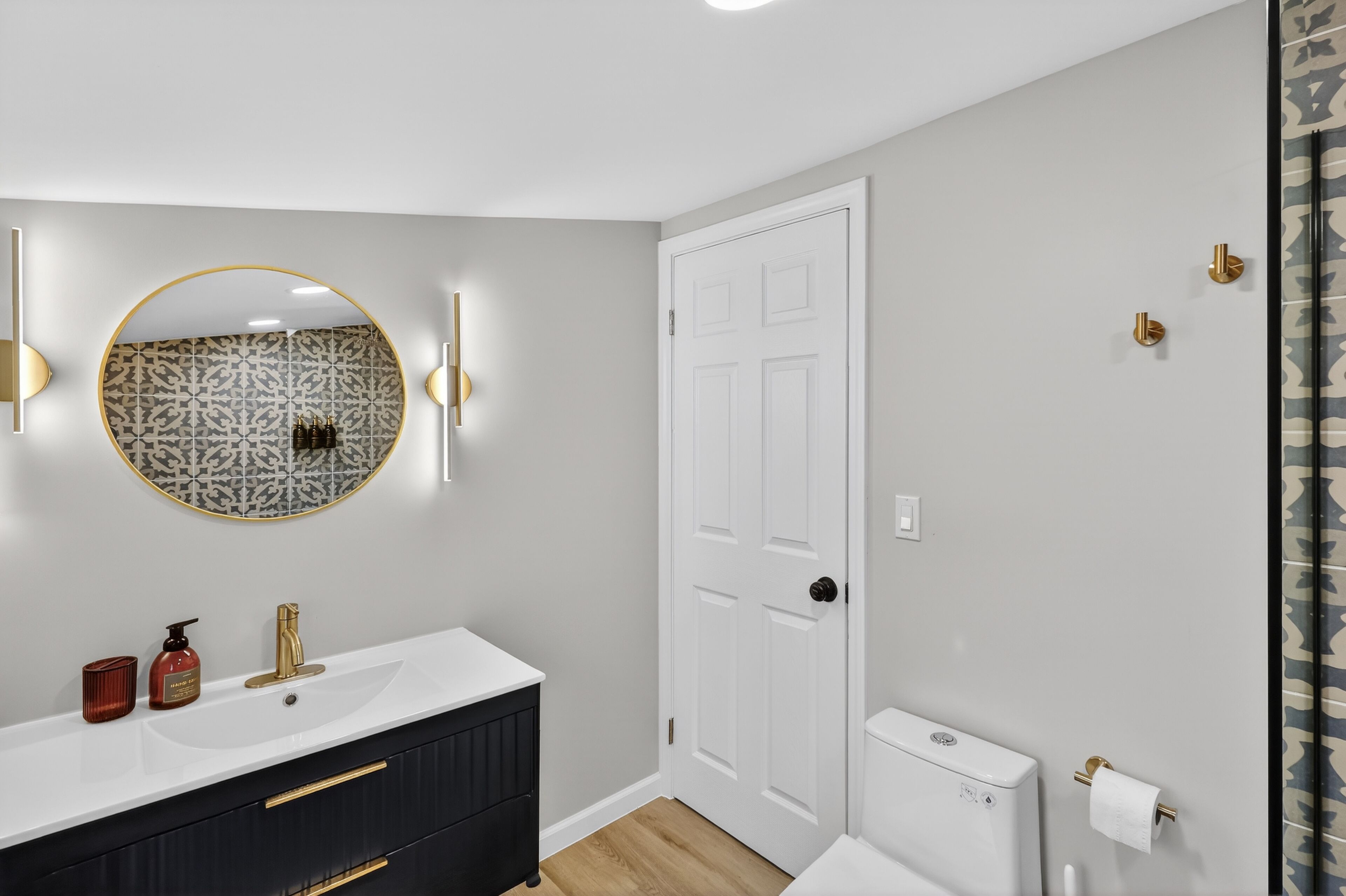 Hair dryer, towels, soap, toilet paper