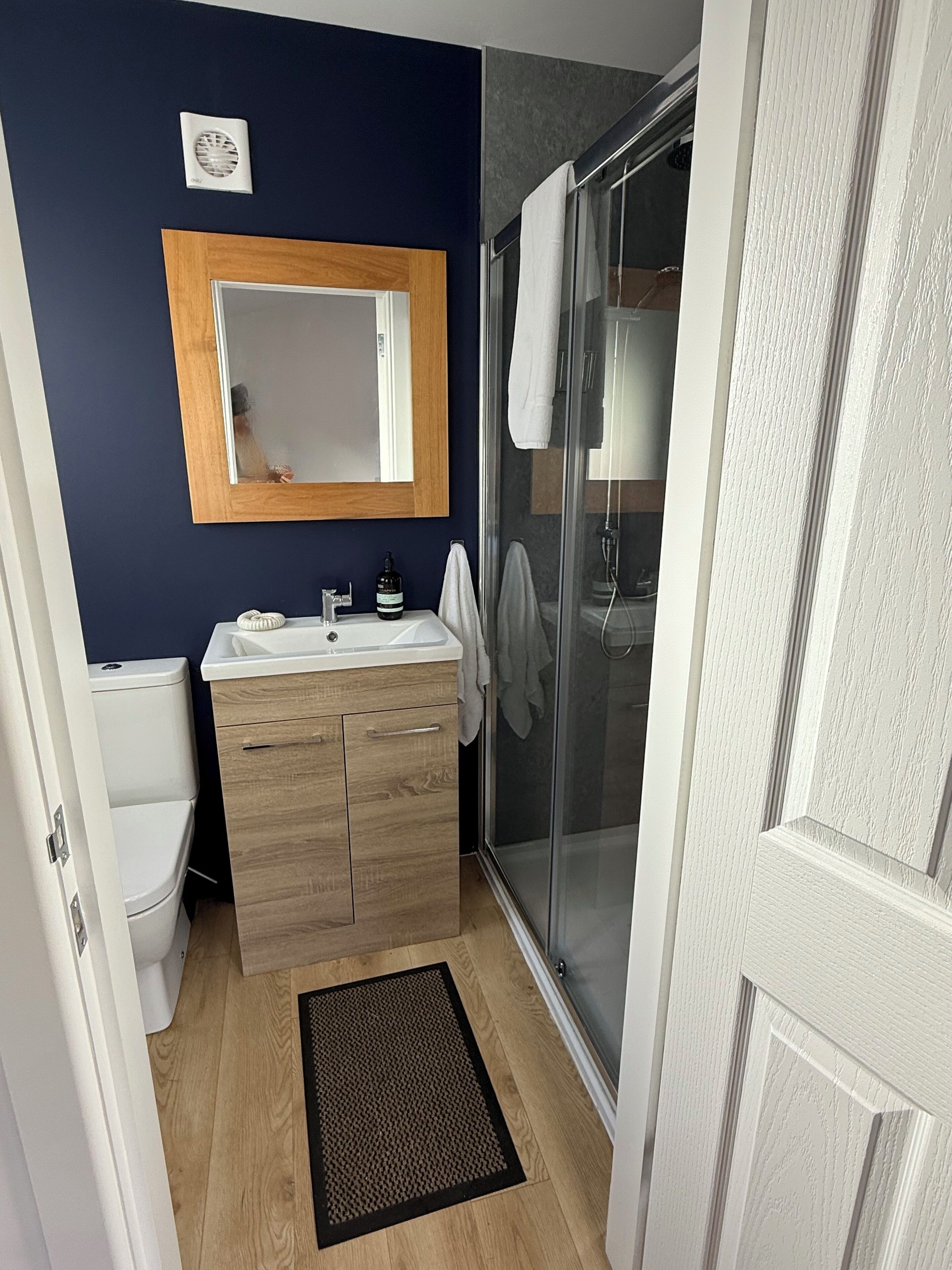 Hair dryer, towels, soap, toilet paper