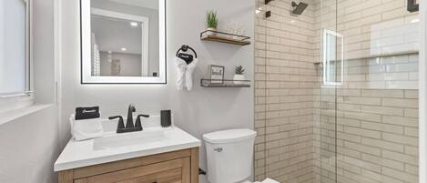Hair dryer, towels, soap, toilet paper