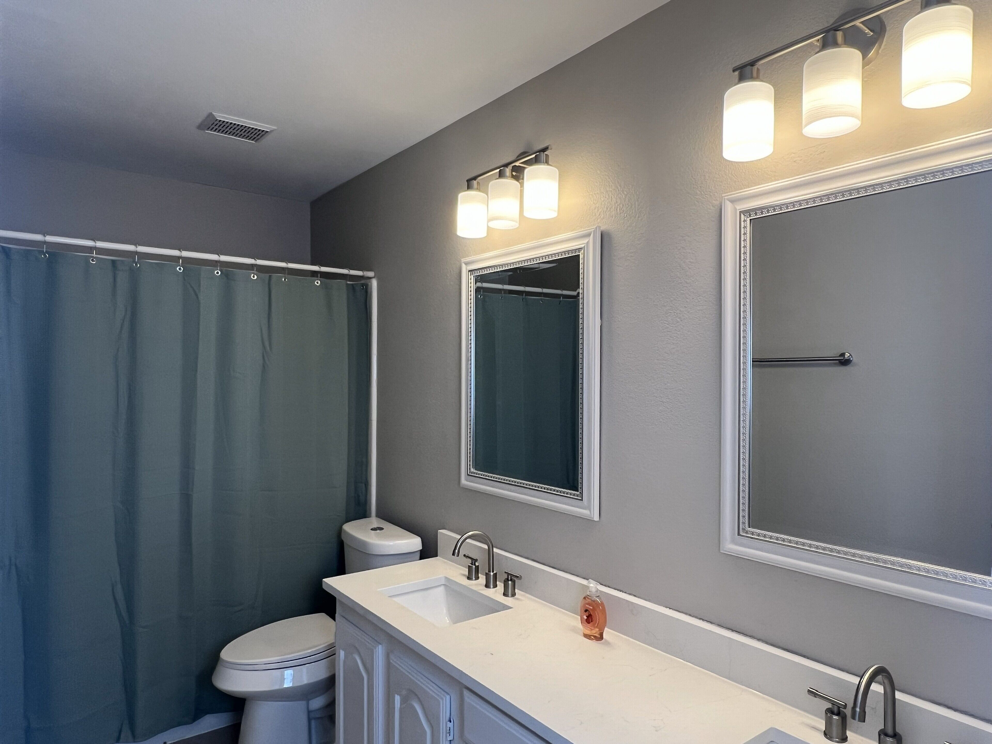 Hair dryer, towels, soap, toilet paper