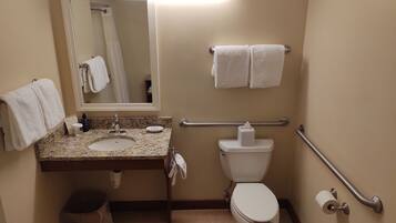 Hair dryer, towels, soap, shampoo