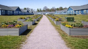 Ein von Blumenbeeten gesäumter Weg führt zu einer Reihe blauer Gebäude, über ihnen ein klarer Himmel.