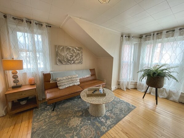A living room with a brown leather sofa, a round coffee table, a lamp, a decorative rug, and a potted plant.