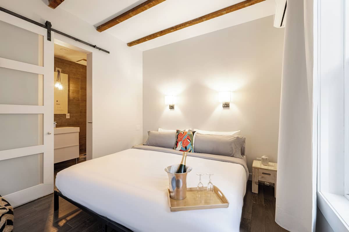 Blackout curtains, iron/ironing board, free WiFi, bed sheets