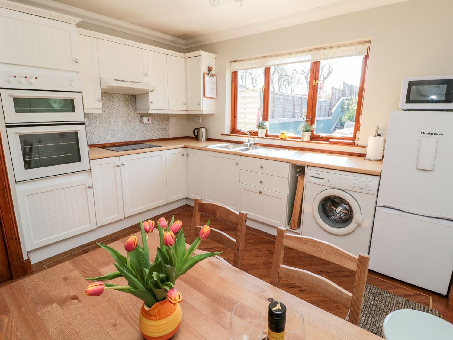 Fridge, microwave, toaster, cookware/dishes/utensils