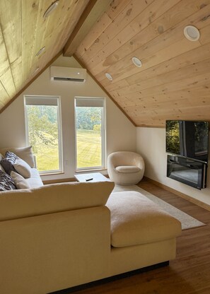 Una Smart TV, una chimenea, libros