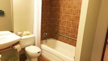 Hair dryer, towels, soap, shampoo