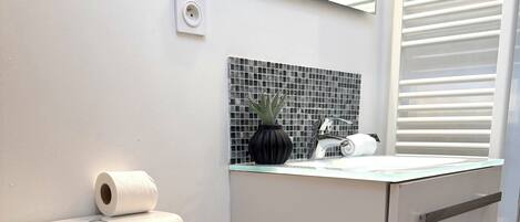 Douche, séchoir à cheveux, serviettes fournies, savon