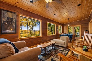 TV, fireplace - Bear Claw Lodge, 4-BR, Private 3-Level Retreat With Theater, Pool Table & Views (Blue Ridge)