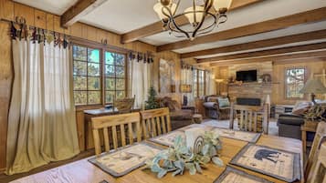 Smart TV, fireplace, books