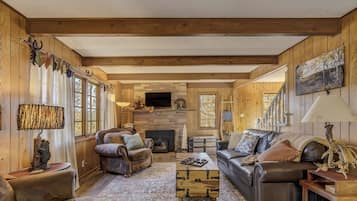 Smart TV, fireplace, books