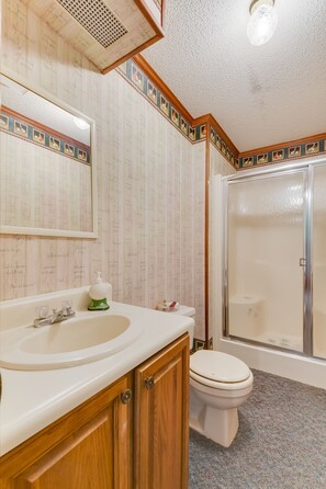 Shower, jetted bath, hair dryer, towels - Hiwassee Hideaway: Private Riverfront & Golfing (Decatur)