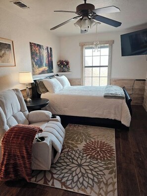 1 bedroom, desk, iron/ironing board, travel cot